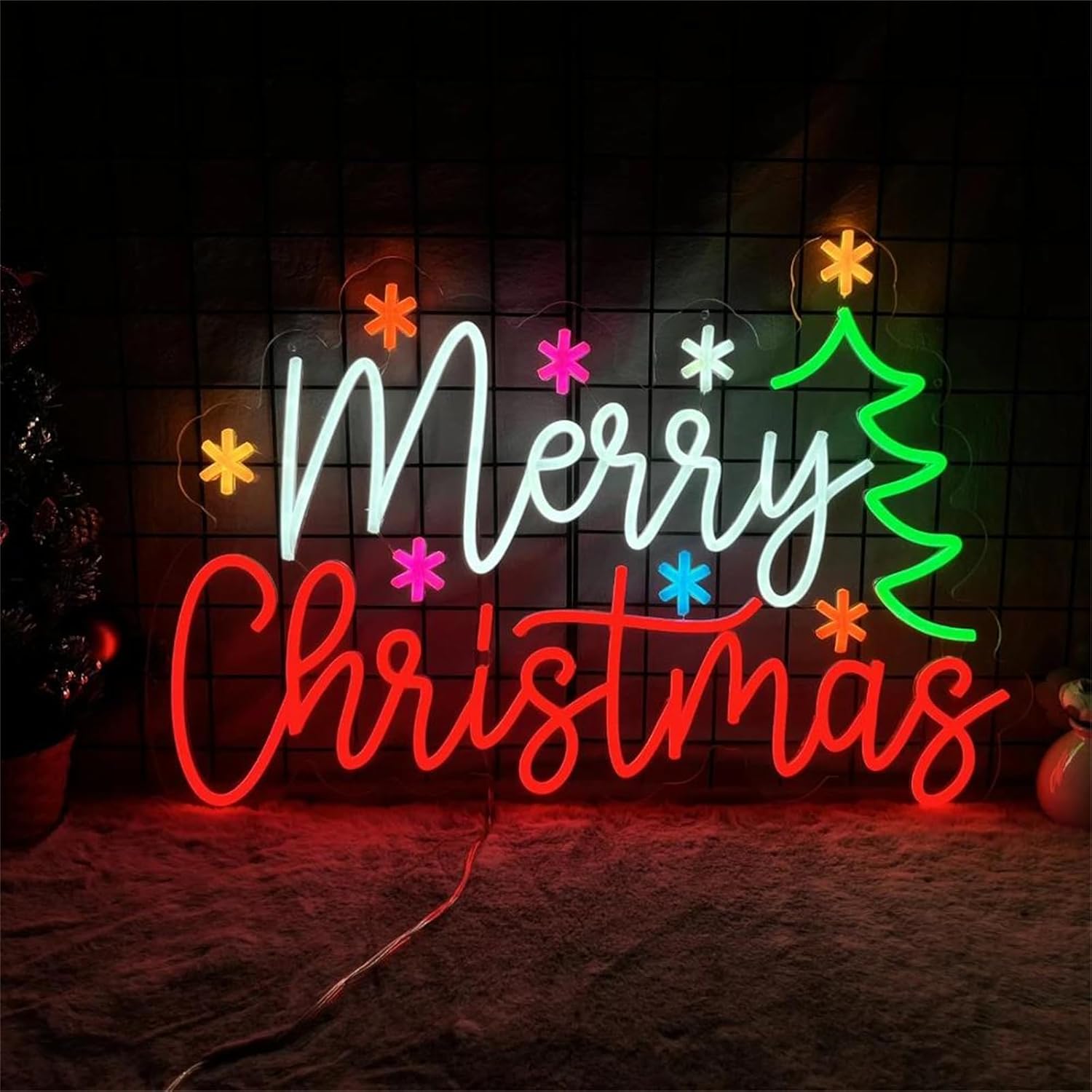 Wall Decor Lighting Tree - メリークリスマス ネオンサイン カラフルな星とツリー LED ウォールライト ホームショップウィンドウ