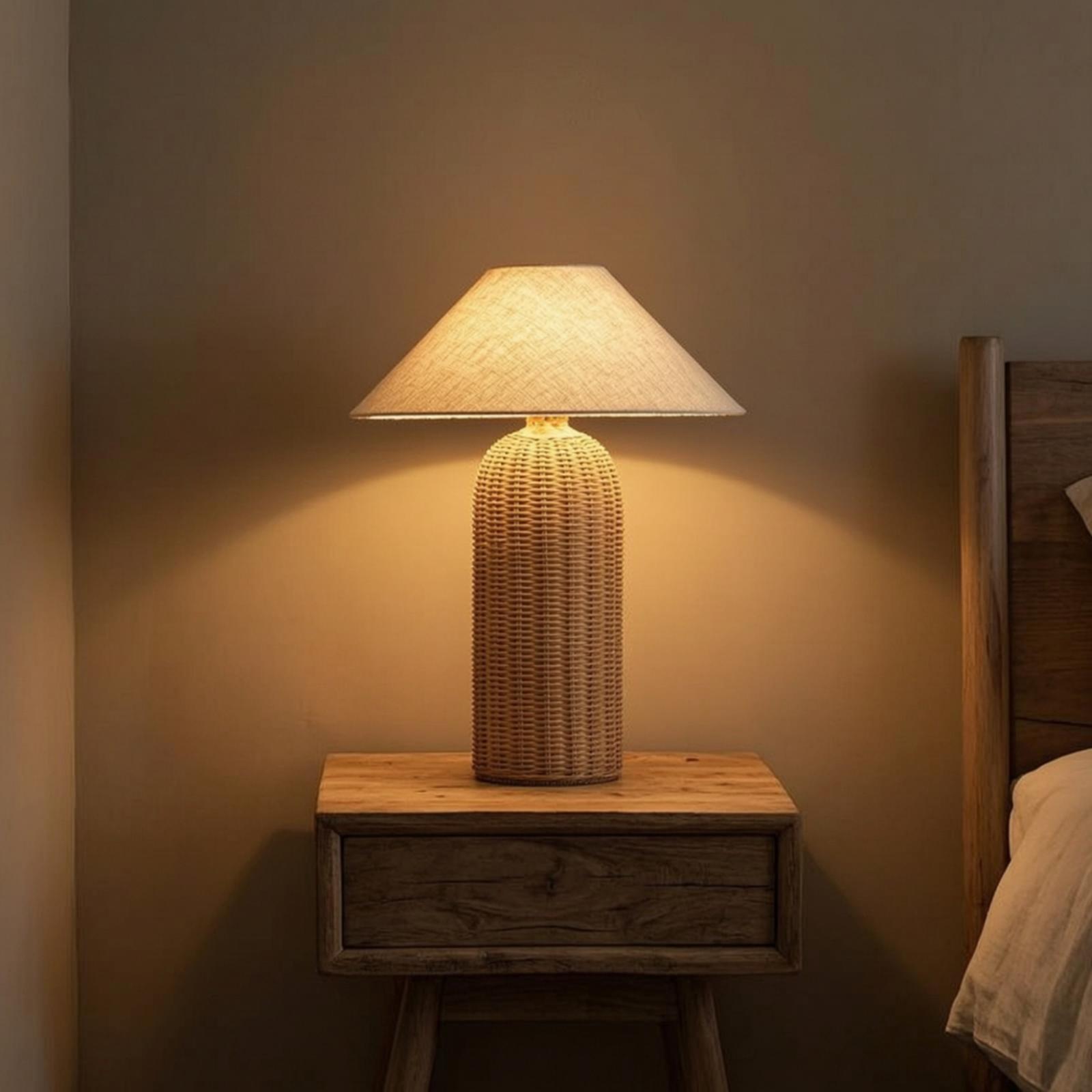 Lighting Decor Living Room - ベッドサイドランプ ラタンベース ファブリックシェード ナイトテーブルランプ 寝室 リビングルーム用装飾照明