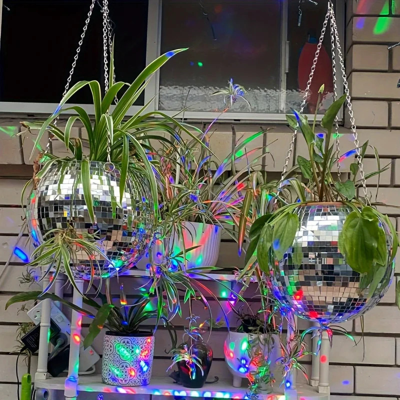 Disco Ball Mirror - ユニークな手作りのボヘミアン風ハンギングディスコミラーボールプランター - 自己散水、省スペース、スタイリッシュな家の装飾