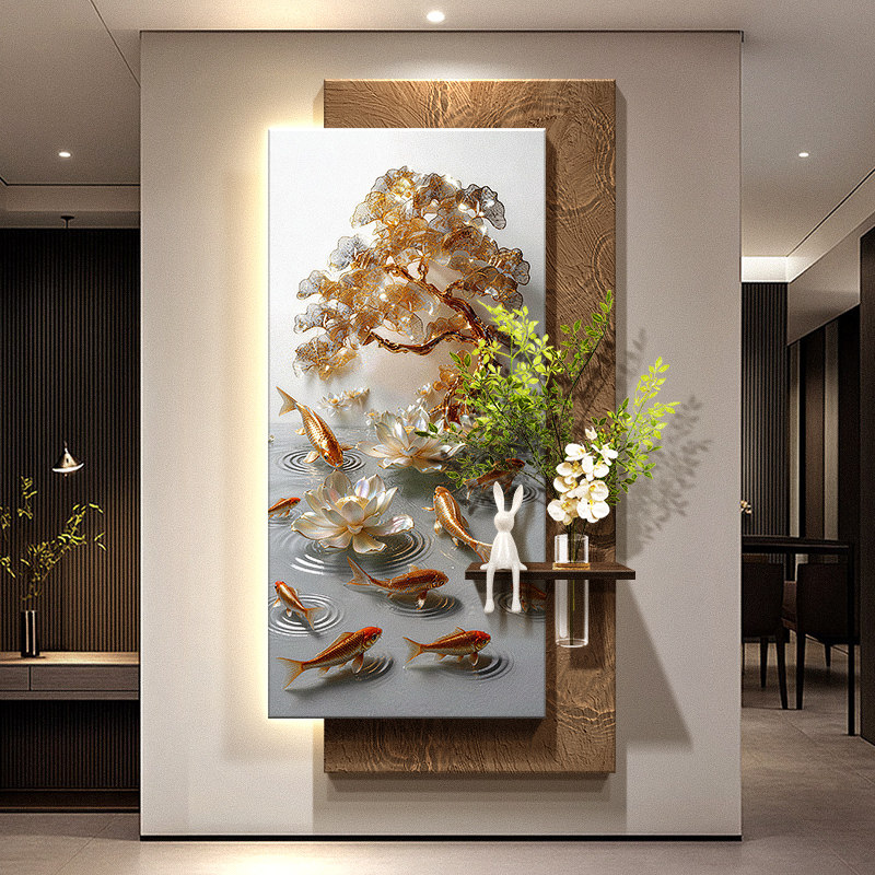 Wall Decor Lighting Tree - 九匹の魚が集まる富の絵画玄関装飾絵画富の木砂岩壁画ランプ緑の植物吊り下げ絵画