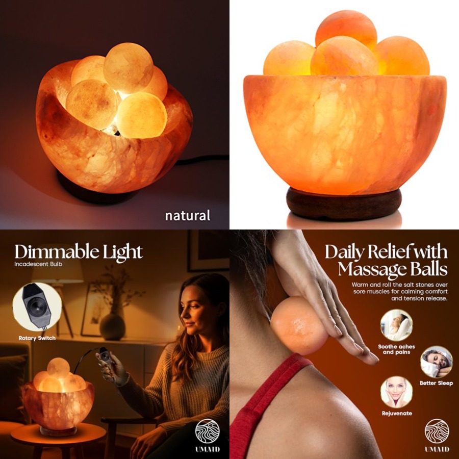 Himalayan Salt Lamp - ヒマラヤ岩塩ランプ、ヒマラヤボール6個付き、調光可能なピンクの岩塩ランプ、寝室、オフィスデスク、瞑想室用、Un