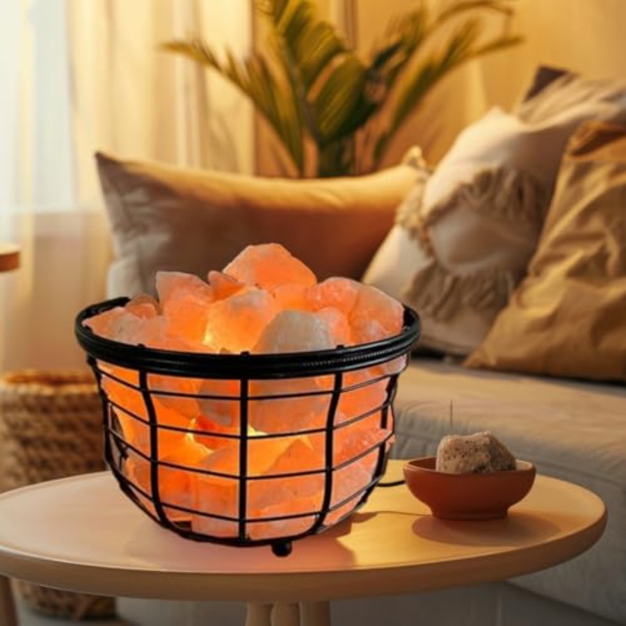 Himalayan Salt Lamp - NBヒマラヤピンクソルトメタルランプ（天然塩塊入り）は調光スイッチと電球2個付き（丸型）