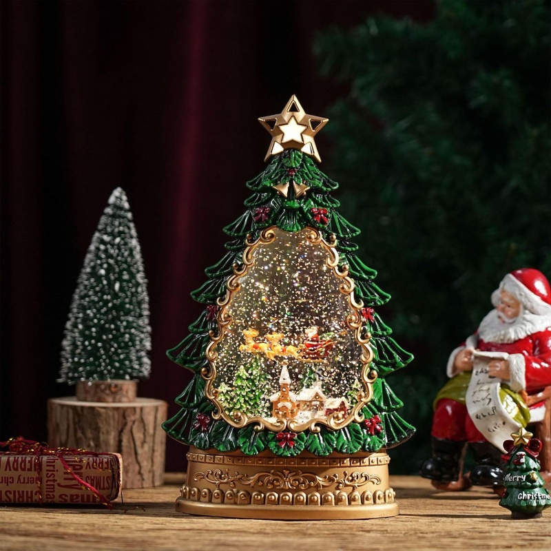 Lighting Tree Decor - スノーグローブオルゴール クリスマスサンタツリー飾り ライト付き回転雪降りナイトライト ギフト クリスマス ホームオフィスデコレーション