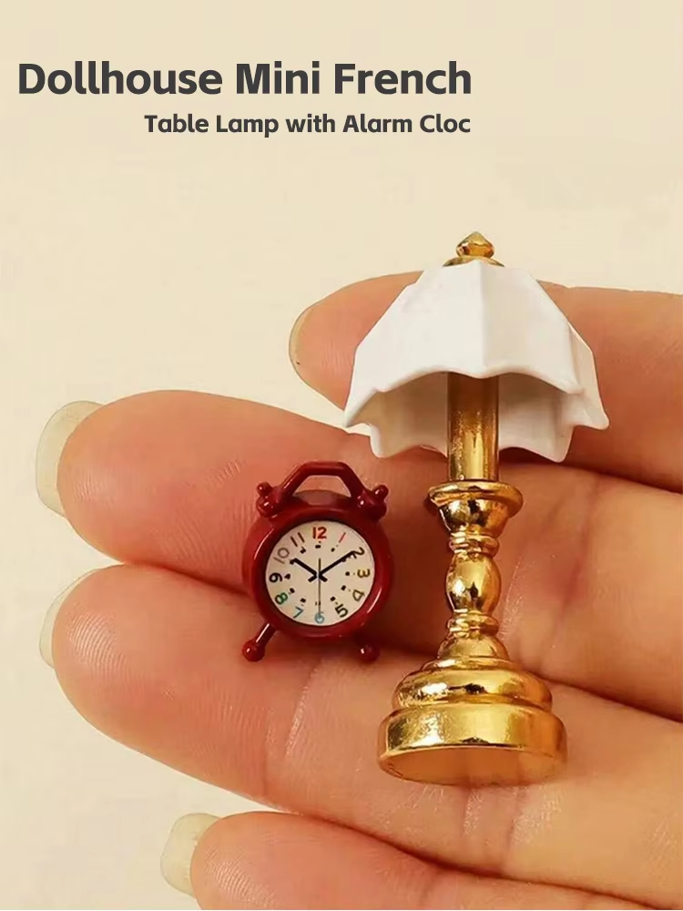 Lighting Decor Living Room - ドールハウスミニフレンチテーブルランプ、目覚まし時計付き、合金鋼1:12モデル装飾、寝室/リビングルーム用電源不要
