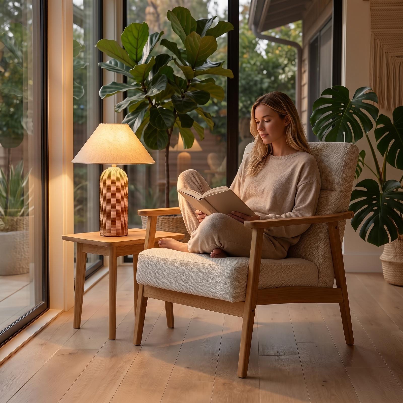 ベッドサイドランプ ラタンベース ファブリックシェード ナイ - Lighting Decor Living Room のレビューと価格