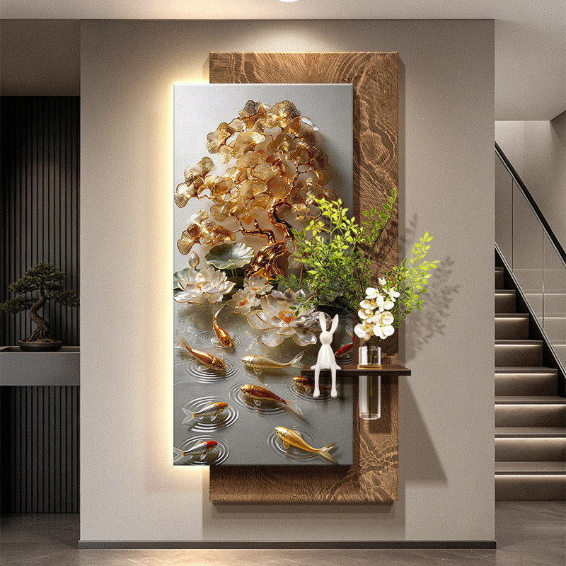 九匹の魚が集まる富の絵画玄関装飾絵画富の木砂岩壁画ランプ緑の - Wall Decor Lighting Tree のレビューと価格