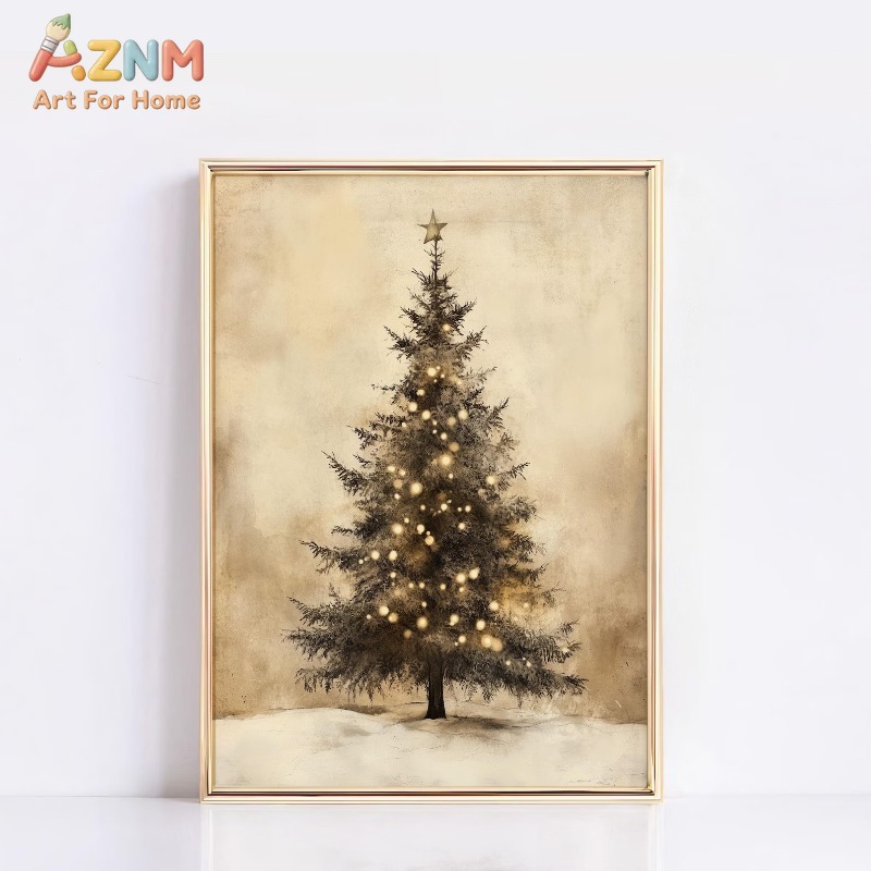 アンティーク調のクリスマスツリースターライト柄キャンバスポス - Wall Decor Lighting Tree のレビューと価格