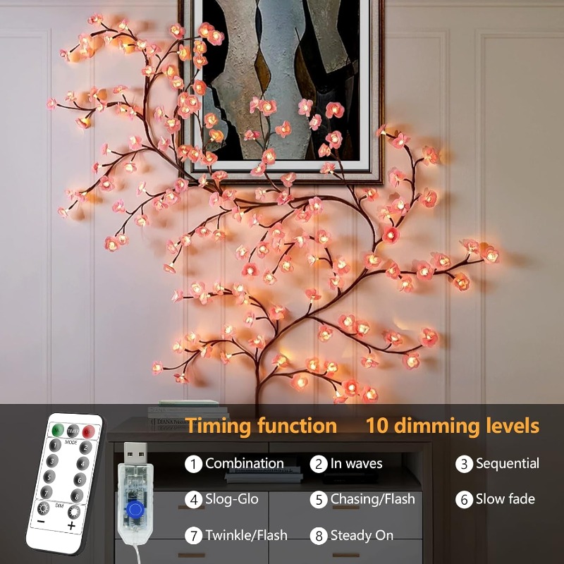 LED 桜の木の枝ライト 8 モード人工ピンク桜ガーランド  - Wall Decor Lighting Tree のレビューと価格