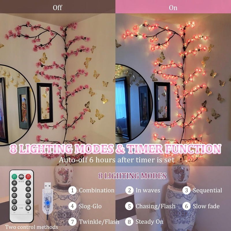 LED 桜の木の枝ライト 8 モード人工ピンク桜ガーランド  - Wall Decor Lighting Tree のレビューと価格