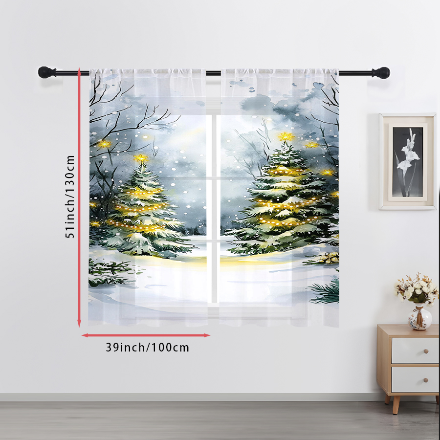 2枚組シアー カーテン 水彩画風クリスマスツリーと雪のプリン - Office Lighting Decor のレビューと価格
